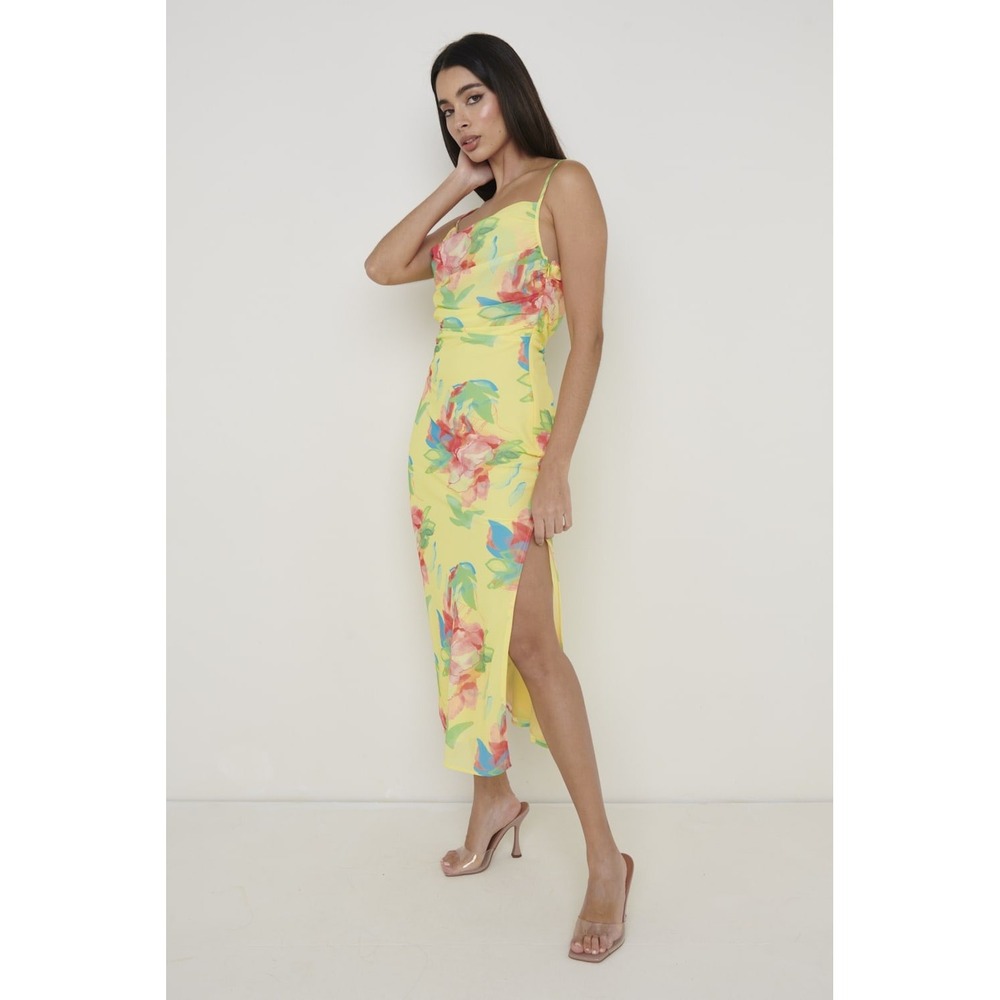 Pretty Lavish Keisha Floral Midi Dress Women 10 Yellow Cowl Neck Ruched Chiffon - Picture 2 of 12